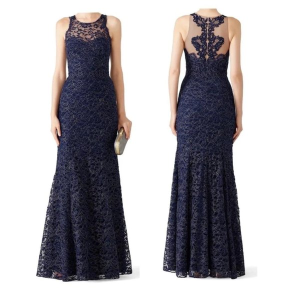 Marchesa Notte Navy Blue & Metallic Gold Lace Beaded Back Trumpet Evening Gown - Picture 1 of 8
